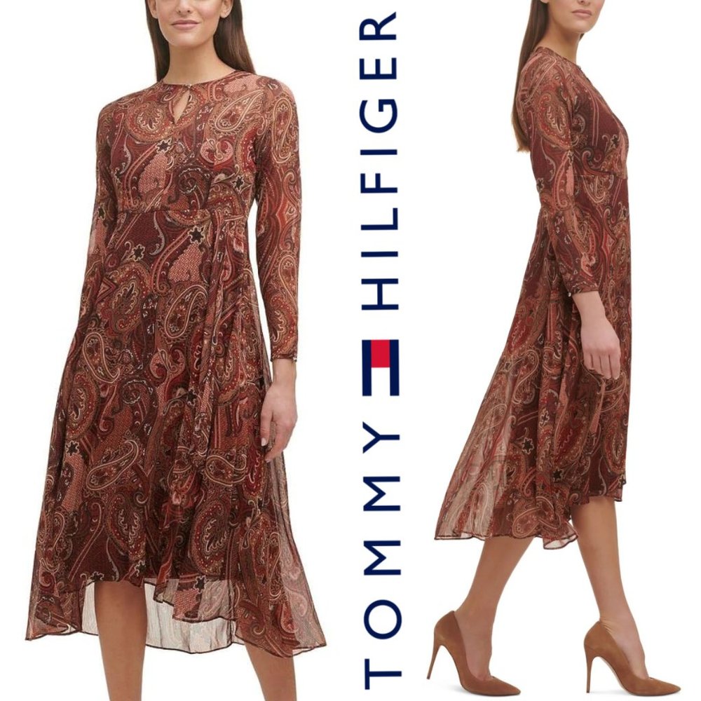 Tommy Hilfiger Brown Fall Paisley Long Sleeve Asymmetrical Midi Dress - Size 16